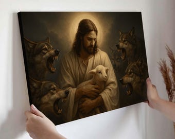 Jesus Christ Protectively Cradles A Lamb Surrounded By Wolves, Holding Lamb Safe from Wolves Print, Inspirational Christian Faith Decor