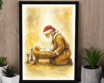 Every Knee Shall Bow Canvas, Nativity Scene Wall Art, Santa and Jesus Painting, Christian Christmas Print Art, Religious Holiday Decor