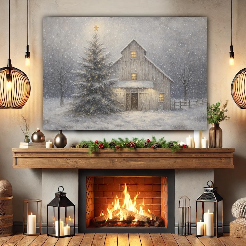 Rustic Christmas Barn Wall Art, Snowy Winter Barn Scene Canvas Print ...