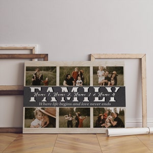May include: A collage of family photos on a canvas print with a black and white banner that reads "FAMILY" and the text "Where life begins and love never ends".