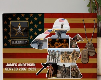 Pesonalized Military Photo Collage Canvas, Military Family Photo Frame Gifts, Custom Army Veteran Soldier Retirement, Proud Veteran Family