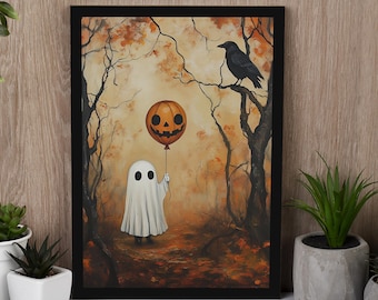 Cute Ghost with Pumpkin Print, Dark Halloween Art, Moody Digital Printable Decor, Dark Academia Decor, Spooky Scene Wall Art for Halloween