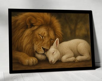 Tranquil Lion and Lamb Print, Peaceful Sleeping Lion and Lamb Poster, Lion Of Judah Wall Art, Spiritual Wall Art Canvas, Religious Decor