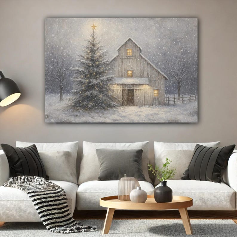 Rustic Christmas Barn Wall Art, Snowy Winter Barn Scene Canvas Print ...