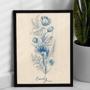 Vintage Blue Flower Bouquet Sketch Print, Antique Flower Drawing Botanical Wall Art, | Floral Sketch, Vintage Floral Print, Blue Wall Decor