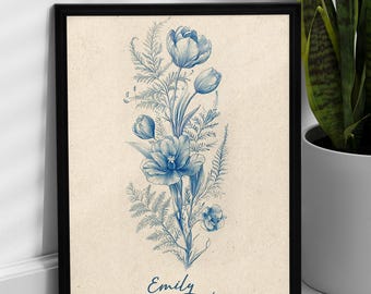 Impresión de boceto de ramo de flores azules vintage, dibujo de flores antiguas, arte mural botánico, boceto floral, impresión floral vintage, decoración de pared azul