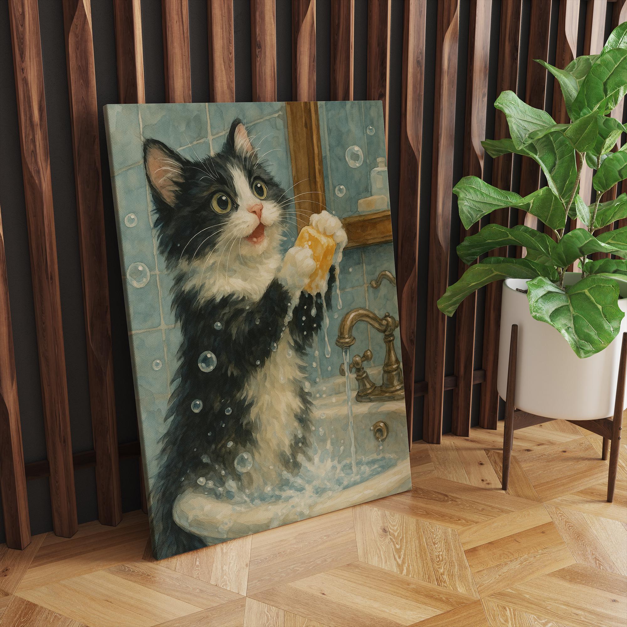 Tuxedo Cat Washing Paws in Bathroom Poster, Cat Funny Bathroom Wall ...