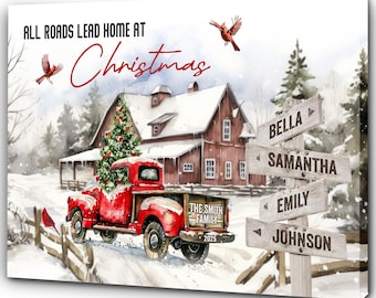 Póster navideño personalizado para regalar en familia: "Todos los caminos llevan a casa en Navidad", arte mural navideño, decoración navideña, imprimible navideño