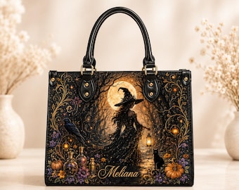 Gepersonaliseerde leren handtas met heksenprint, griezelige leren tas met heksenprint, maanheksentas, gotische Halloween schoudertas, herfsttas, cadeau voor heksenliefhebbers