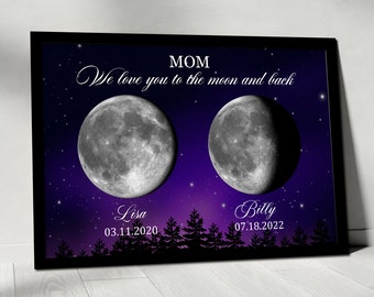 Regalo personalizado de arte de pared con fases lunares para mamá. Lienzo "El día que naciste", "Te amamos hasta la luna y de regreso, mamá", regalo familiar para mamá.