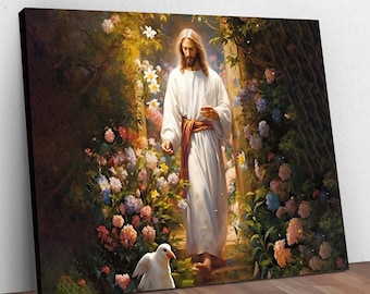 Jesus In His Garden, Religious Wall Decor, Bible Art Print, God's Garden Canvas, Floral Background Christian Poster