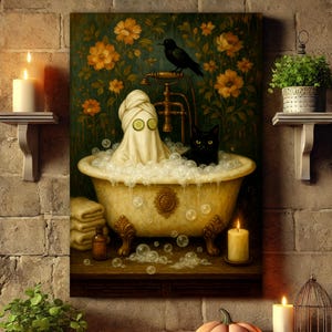 Ghost and Cat in Bathtub Poster/Canvas, Gothic Bathroom Decor, Spooky Bubblebath Halloween Art, Black Cat Print, Whimsigoth Print Gifts
