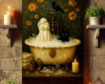 Ghost and Cat in Bathtub Poster/Canvas, Gothic Bathroom Decor, Spooky Bubblebath Halloween Art, Black Cat Print, Whimsigoth Print Gifts