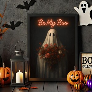 Be My Boo Ghost Print, Dark Academia Room Decor, Neon Sign Art, Gothic Couple Art, Gothic Engagement Gift, Goth Halloween Wall Art