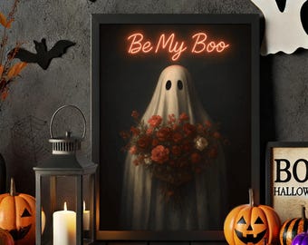 Impressão "Seja Meu Amor" Fantasma, Decoração de Quarto Dark Academia, Arte com Letreiro de Neon, Arte de Casal Gótico, Presente de Noivado Gótico, Arte de Parede Gótica para o Halloween
