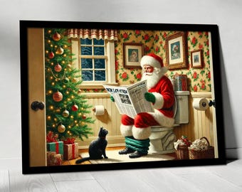 Santa Sitting on Toilet Canvas, Santa Reading Book, Funny Bathroom Wall Decor, Toilet Humor Art, Santa Claus Print, Funny Christmas Decor