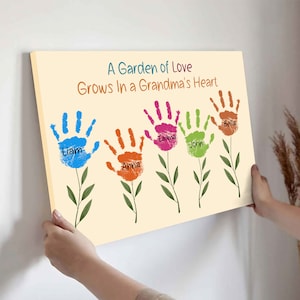 Handprint Flower Bouquet Canvas, Custom Handprint Canvas, DIY Handprint Print, Personalized Gift from Kids, Mother&#39;s Day Sign, Gift for Mom