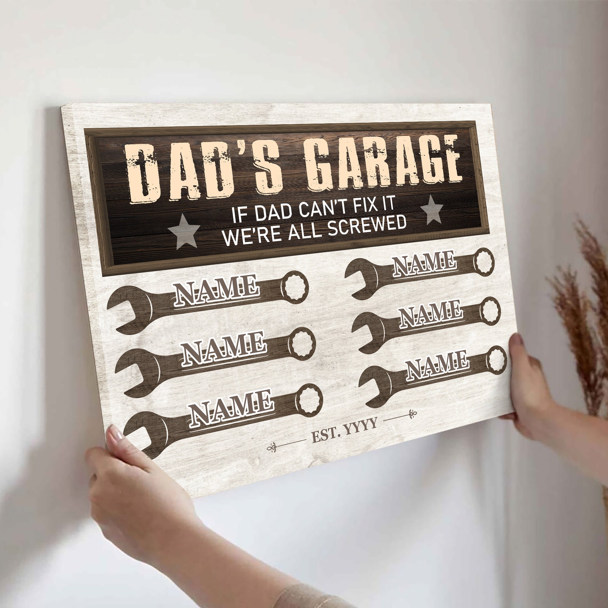 Custom Names Dad's Garage Canvas, Special Father's Day Gift for