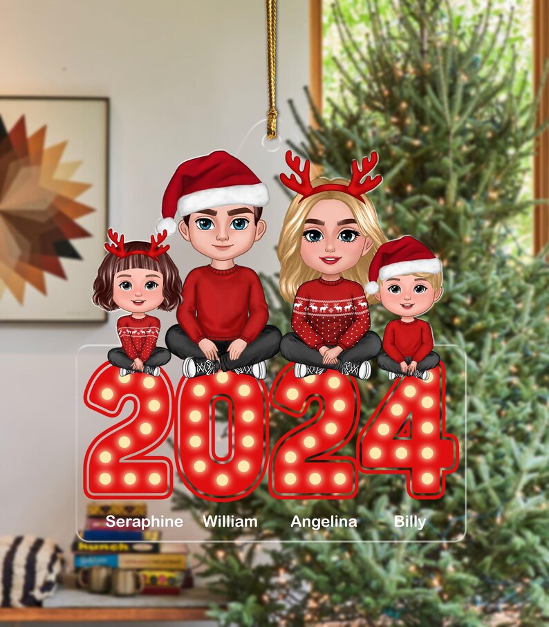 Personalized Family Sitting Acrylic Ornament 2024, Christmas Ornament