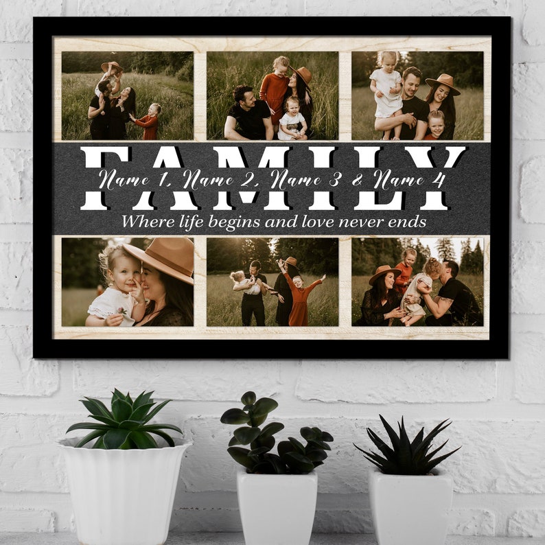 May include: A collage of six photos of a family, with the text "FAMILY Name 1. Name 2. Name 3 & Name 4 Where life begins and love never ends" printed below the photos.