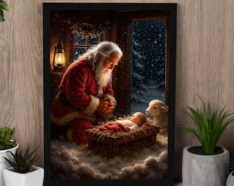 Weihnachtsmann betet zum Jesuskind, religiöse Weihnachtskunst, Weihnachtskrippe kniend, Weihnachtsmann druckbare Leinwand
