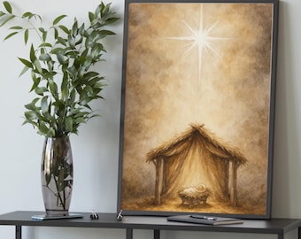 Nativity Scene Canvas, Christmas Manger Wall Art, Baby Jesus Painting, Holy Night Star Print, Christian Christmas Decor, Religious Gift
