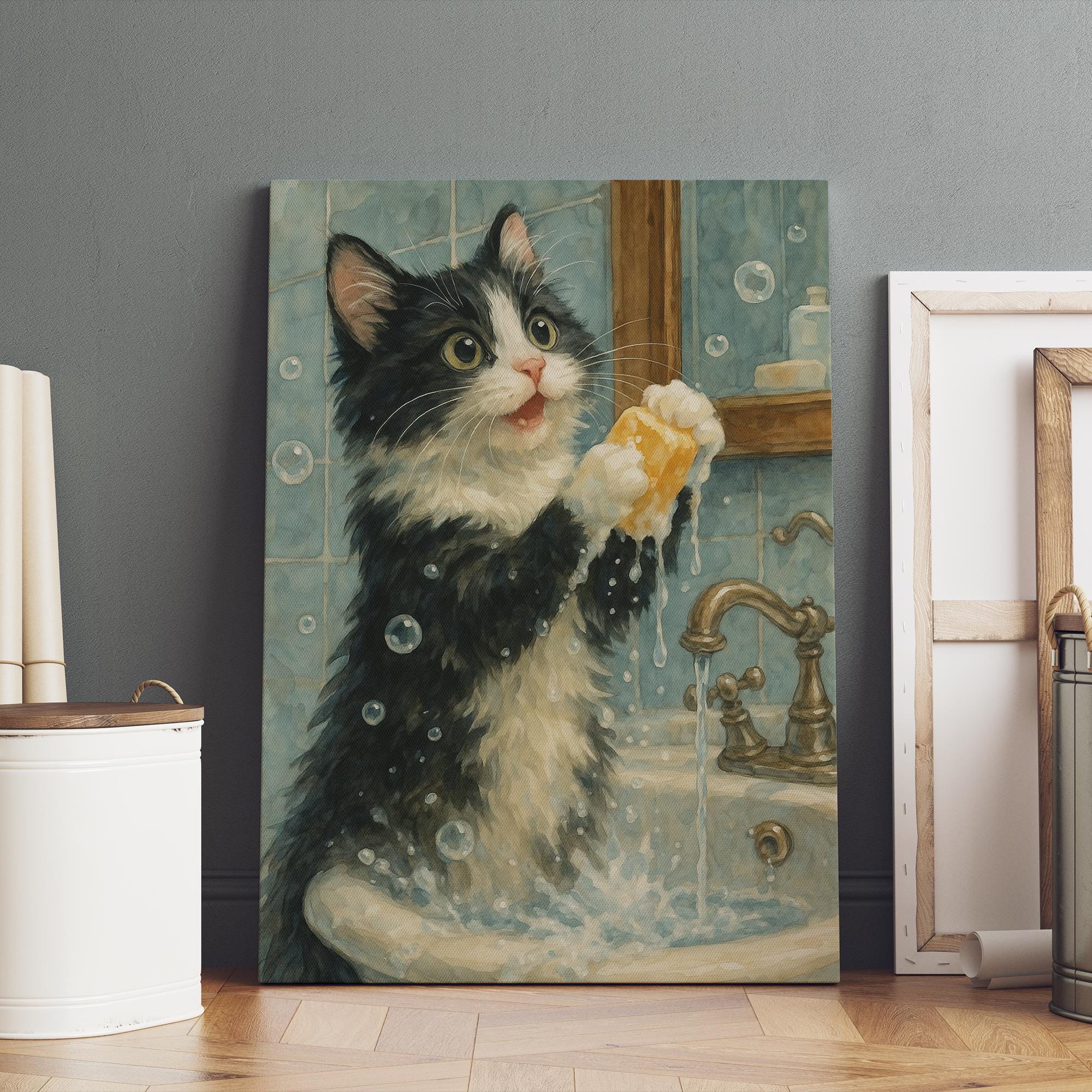 Tuxedo Cat Washing Paws in Bathroom Poster, Cat Funny Bathroom Wall ...