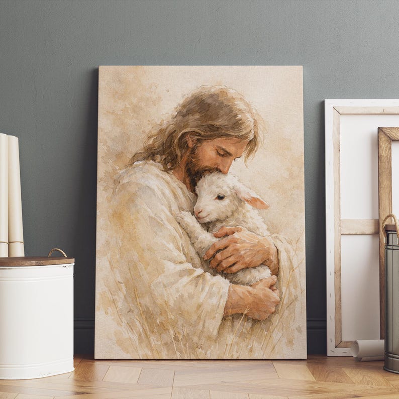 May include: A canvas print depicts a tender scene of a figure in white robes embracing a lamb. The artwork features soft, warm tones and a focus on the figures' connection. The style is reminiscent of a classical painting.