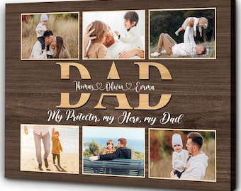 Lienzo con foto personalizada para papá, arte de pared familiar con nombre personalizado, regalo para el Día del Padre, marco de fotos de madera rústica, regalo para papá.
