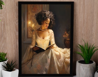 Pintura a óleo vintage de uma elegante mulher negra lendo um livro, arte de parede para decoração de sala de estar, pintura em preto.