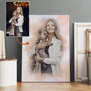 Customizable Owner and Fur Baby Painting on Canvas, Trendy Housewarming Gifts for Best Friend, Personalized Pet Lovers Portrait Commission