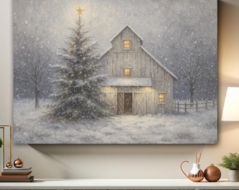 Rustic Christmas Barn Wall Art, Snowy Winter Barn Scene Canvas Print, Rustic Farmhouse Christmas Decor, Peaceful Christmas Eve Art Gifts