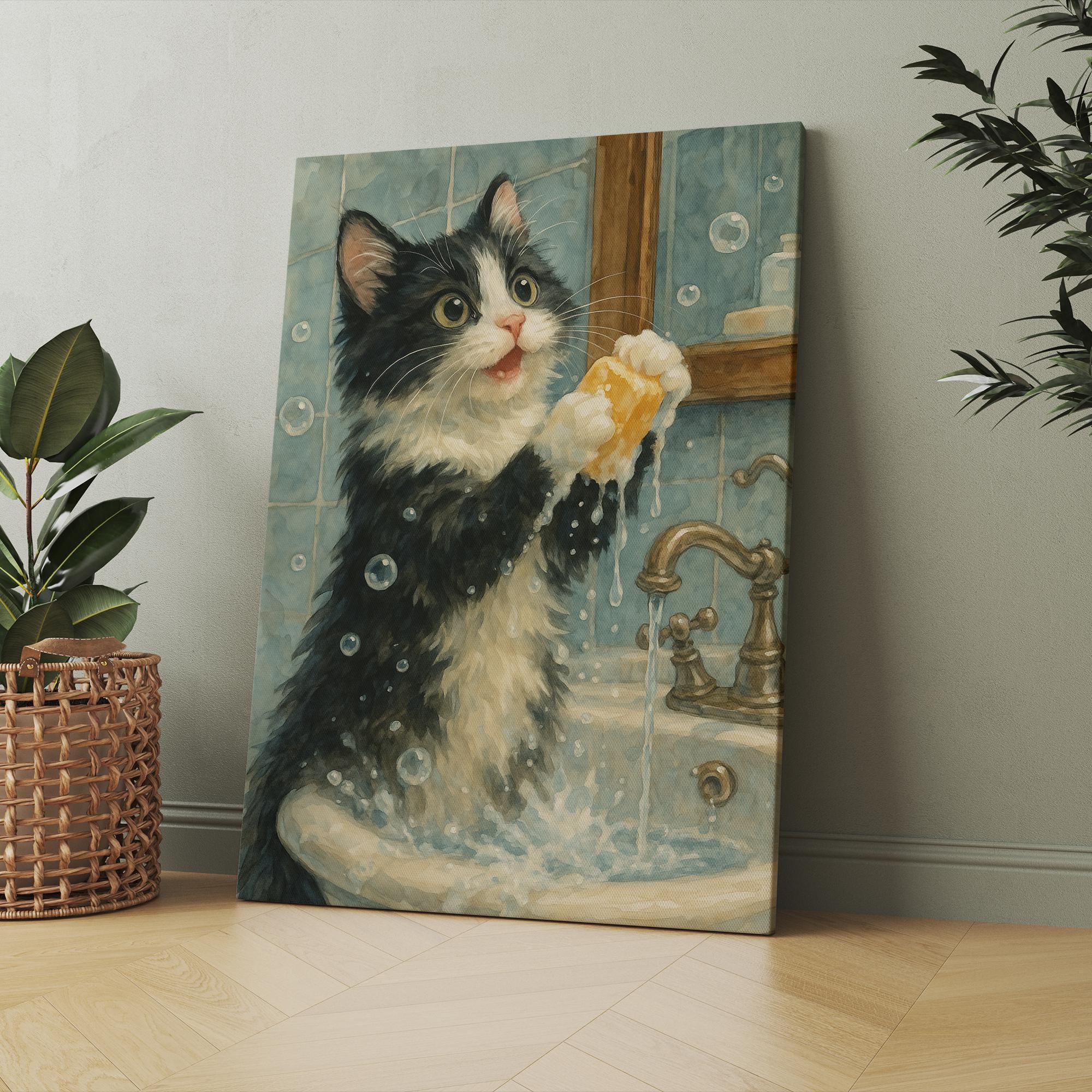 Tuxedo Cat Washing Paws in Bathroom Poster, Cat Funny Bathroom Wall ...