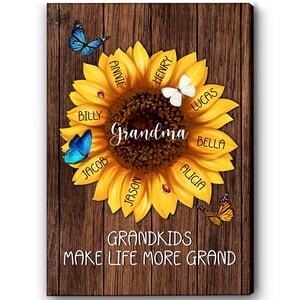 Personalized Grandma Sunflower Sign Canvas, Mother&#39;s Day Gift, Custom Grandkids Names, Nana&#39;s Blessings, Grandma Gift, Grandmas Garden Gift