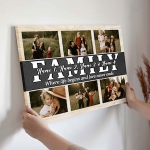May include: A wood-toned canvas print with a collage of family photos. The photos are arranged in a grid pattern and feature a family of four. The canvas has a black and white stripe with the text "FAMILY" in white letters and the text "Where life begins and love never ends" in white letters.