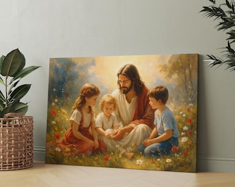 Jesus With Children Canvas, Christian Bible Verse Wall Art, Catholic Faith Based Jesus and Kids, Jesus Teaching Children, Religious Gift