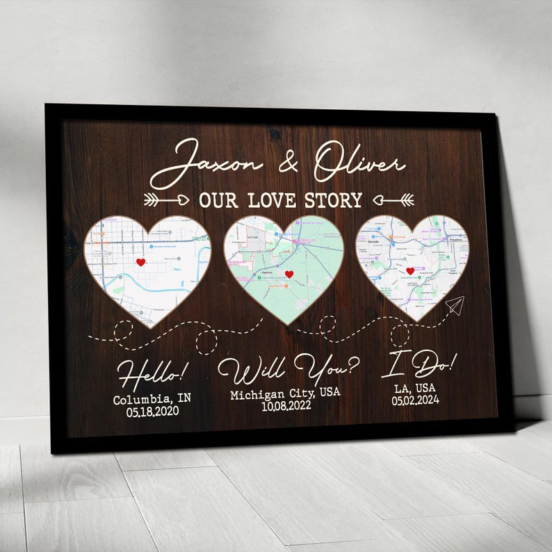 Custom Love Story Map Canvas Print, Personalized Couple Wall Art ...