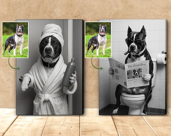 Custom Pet Portrait Photo, Funny Bathroom Art, Dog Reading Newspaper On Toilet, Dog Wall Art, Pet In Bathtub, Personalized Pet Gift