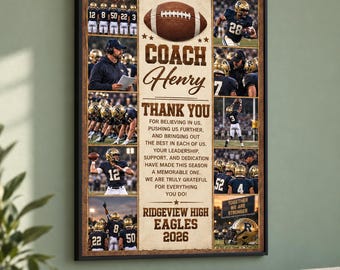 May include: A framed vertical collage poster featuring a football theme with multiple photographs of players and a coach. The central text reads: COACH Henry THANK YOU FOR BELIEVING IN US, PUSHING US FURTHER, AND BRINGING OUT THE BEST IN EACH OF US, YOUR LEADERSHIP, SUPPORT, AND DEDICATION HAVE MADE THIS SEASON A MEMORABLE ONE. WE ARE TRULY GRATEFUL FOR EVERYTHING YOU DO! RIDGEVIEW HIGH EAGLES 2026.