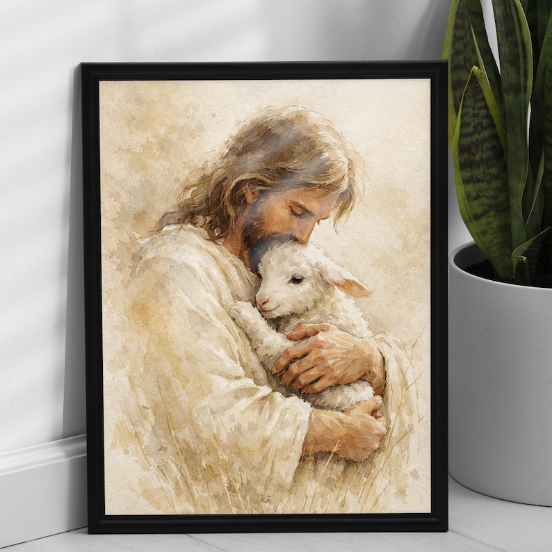 May include: A framed watercolor print depicts a figure in white robes tenderly embracing a lamb. The artwork features soft, warm tones and a serene expression, conveying a sense of comfort and care. The black frame adds a classic touch.
