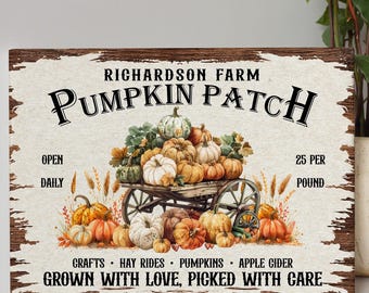 Personalized Pumpkin Patch Sign, Custom Farmhouse Fall Decor, Pumpkin Canvas Wall Art, Rustic Autumn Pumpkin Cart Canvas, Thanksgiving Sign
