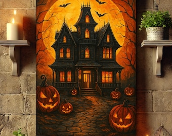 May include: A Halloween-themed canvas print featuring a spooky haunted house with glowing windows and a large orange moon in the background. Carved jack-o'-lanterns are scattered in front of the house, and bats fly in the sky. The artwork is set against a brick wall.