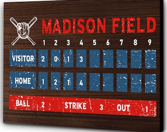 Cartello segnapunti personalizzato per baseball, tela con nome personalizzato per campo da baseball, decorazione murale per sala giochi, arte murale rustica per baseball, regalo per baseball