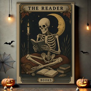 May include: A framed print featuring a skeleton reading a book, with the text "THE READER" at the top and "BOOKS" at the bottom. The artwork has a dark, mystical theme with a crescent moon and candle.