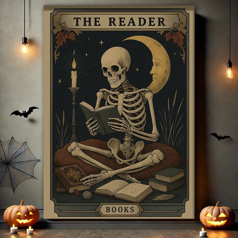 May include: A framed print featuring a skeleton reading a book, with the text "THE READER" at the top and "BOOKS" at the bottom. The artwork has a dark, mystical theme with a crescent moon and candle.