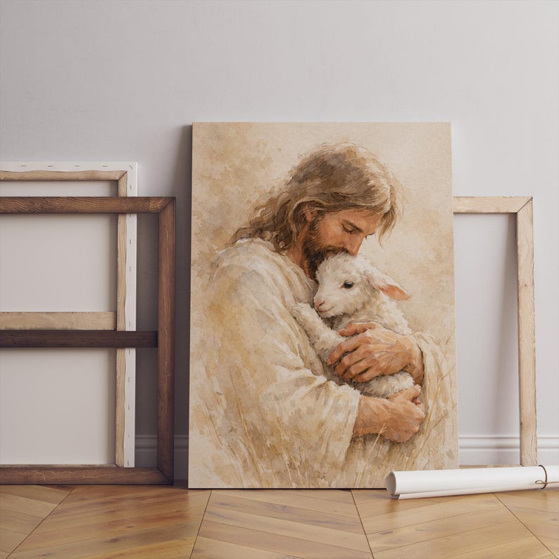 May include: A canvas print depicts a man with long brown hair and a beard embracing a lamb. The man wears a white robe, and the lamb has white wool. The background is a soft, neutral color.