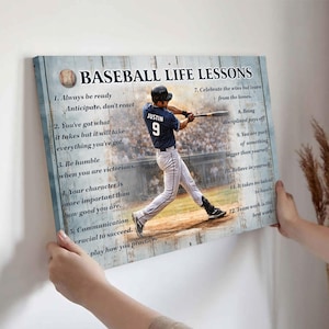 May include: Baseball-themed canvas print with the text "Baseball Life Lessons" and a baseball player in action. The print includes inspirational quotes about teamwork, discipline, and character. The player's jersey has the name "Justin" and the number 9.