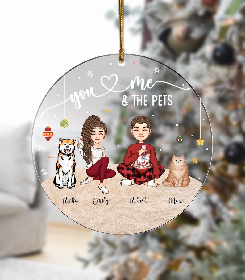Custom Christmas Couple With Pets Ornament 2024, Personalized Couples