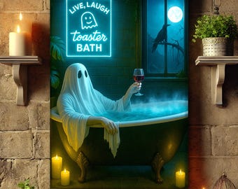 Funny Ghost Bathroom Wall Art – Live Laugh Toaster Bath Print – Tropigoth Cottagecore Poster – Tropical Gothic Maximalist Decor Gift