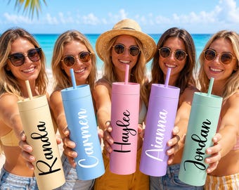 Vaso térmico delgado personalizado, 473 ml (16 oz), con tapa y pajita. Regalos para damas de honor en bodas y fiestas.